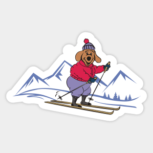 Happy Cartoon Dog Skiing in the Winter Mountains Sticker